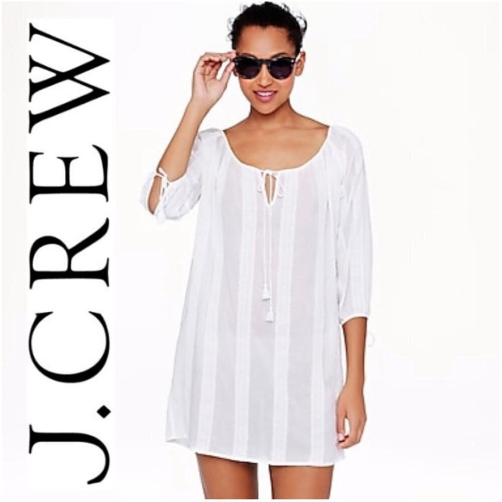 J. Crew Size XS White Tassel Tie Neck Crochet Lace Stripe Tunic Top Cover Up